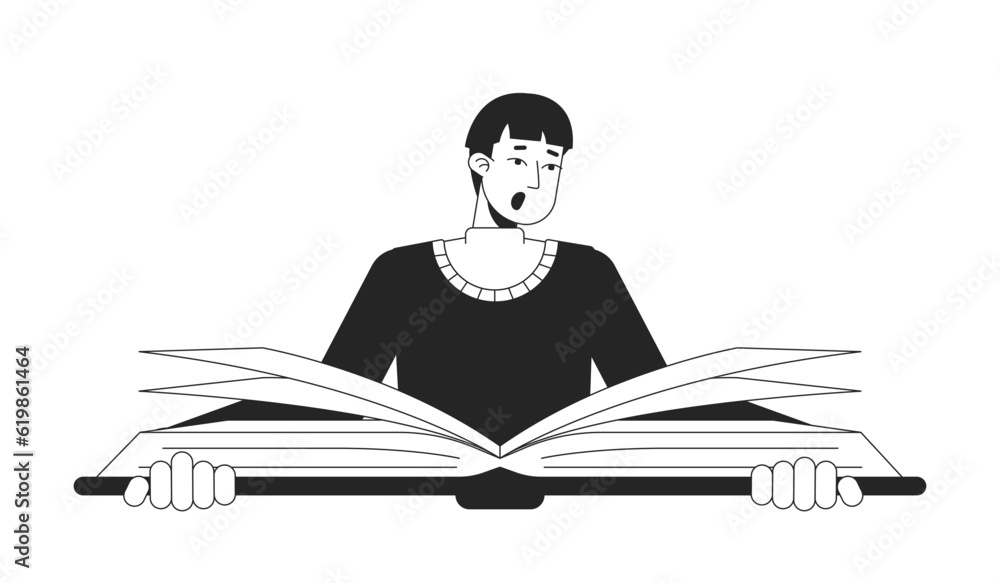 Shocked asian man reading big book flat line black white vector character. Editable outline half body education character on white. Simple cartoon spot illustration for web graphic design Shocked asian man reading big book flat line black white vector character. Editable outline half body education character on white. Simple cartoon spot illustration for web graphic design