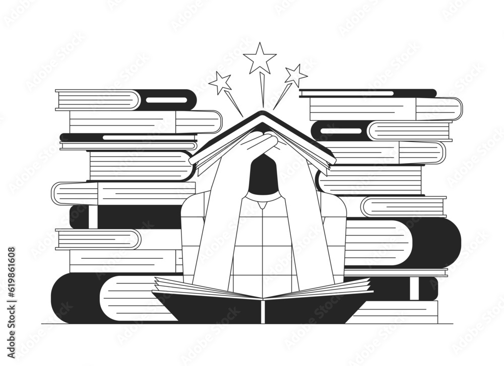 Tired schoolboy among books bw concept vector spot illustration. Depressed student read literature 2D cartoon flat line monochromatic character for web UI designimage Tired schoolboy among books bw concept vector spot illustration. Depressed student read literature 2D cartoon flat line monochromatic character for web UI designimage
