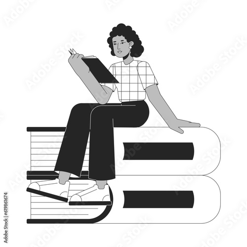 Cute african american girl reading book bw concept vector spot illustration. Busy student 2D cartoon flat line monochromatic character for web UI designimage photo