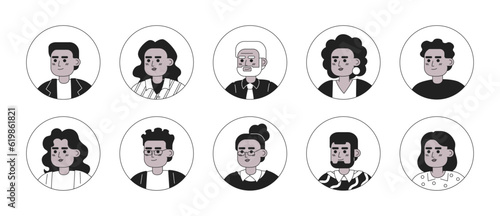 Diversity of afroamerican people monochrome flat linear character heads bundle. Editable outline people icons. Line users faces. 2D cartoon spot vector avatar illustration pack for animation