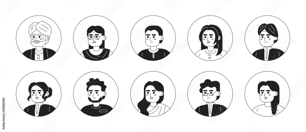Indian in traditional clothes monochrome flat linear character heads set. Happy people. Editable outline people icons. Line users faces. 2D cartoon spot vector avatar illustration pack for animation