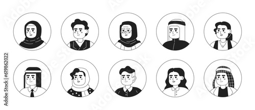 Arabian multicultural people monochrome flat linear character heads set. Muslim people. Editable outline people icons. Line users faces. 2D cartoon spot vector avatar illustration pack for animation