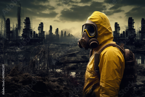 man in yellow protective suit and gas mask in highly polluted enviroment. Generative AI