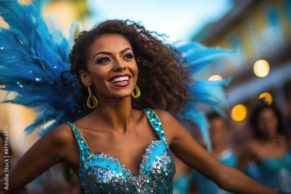 Latin woman dancing on the streets during carnival. Generative AI Latin woman dancing on the streets during carnival. Generative AI