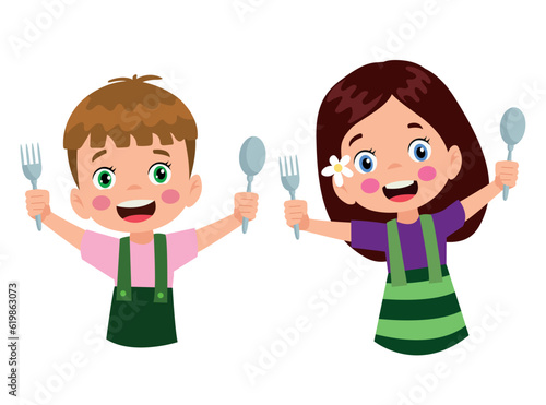Cartoon happy little boy holding a spoon and fork