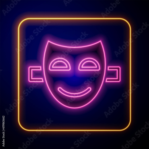 Glowing neon Comedy theatrical mask icon isolated on black background. Vector