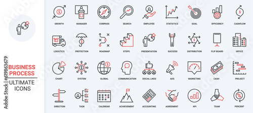 Red black thin line icons set for business process, technology of effective work activity analyze data, team communication, task management, productivity of planning achievement vector illustration.
