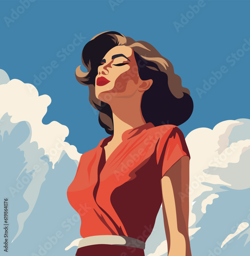 Vector illustration flat vintage retro girl pinup brunette on vacation outdoors outdoor clouds sky 70s 80s
