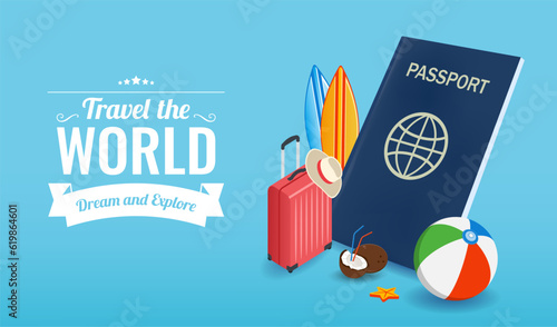 Travel composition with vacation stuff. Vector graphic