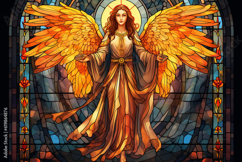 Vibrant stained glass window, fairy pattern, goddess, angel