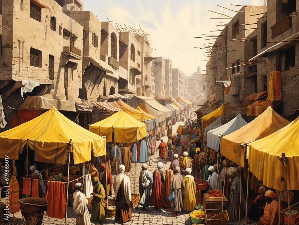 Antique market, community area with trading a watercolor painting
