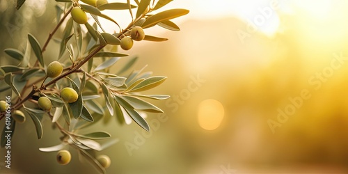 Green Olive Branch on blur Nature Background with Copy Space © Thares2020