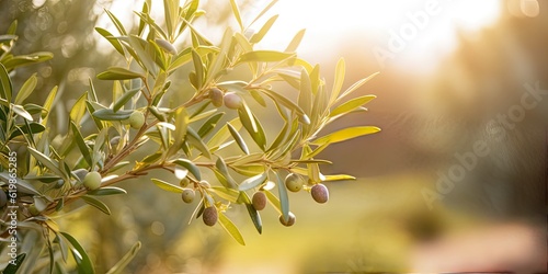 Green Olive Branch on blur Nature Background with Copy Space