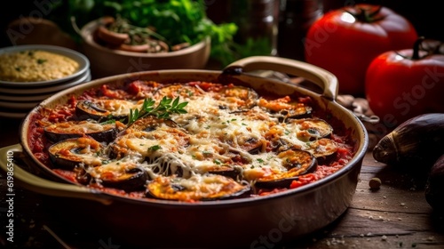 Melanzane alla Parmigiana served in a rustic white casserole dish with dimmed background