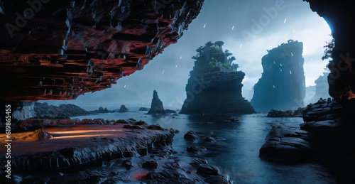 ゲームの世界に出てきそうな壮大な洞窟 海辺 岩場 海岸 ファンタジー ロマン ダイナミック