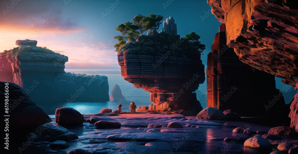 ゲームの世界に出てきそうな壮大な洞窟　海辺　岩場　海岸　ファンタジー　ロマン　ダイナミック