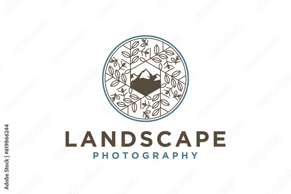 Mountain outdoor nature logo design rounded leaves illustration Mountain outdoor nature logo design rounded leaves illustration