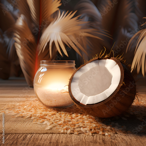Coconut laying on a floor lit by candles