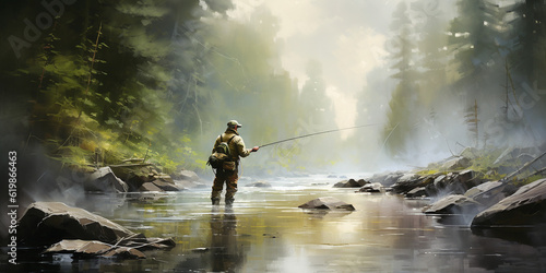 Fotografiet Fly fisherman on the river in the wilderness