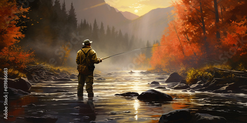 Fly fisherman on the river in the wilderness. Generative AI illustration