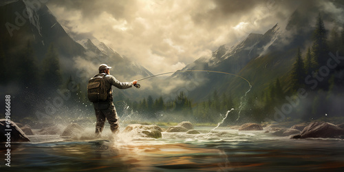Fly fisherman on the river in the wilderness. Generative AI illustration © JoelMasson
