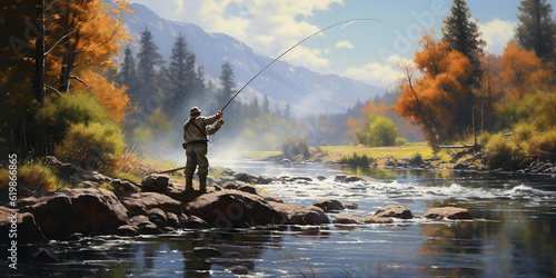 Fotomurale Fly fisherman on the river in the wilderness