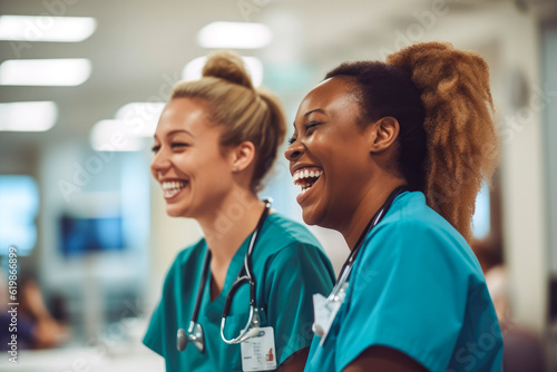 Candid shot of two nurses laughing and talking in a hospital, showcasing positivity and collegiality. Generative AI