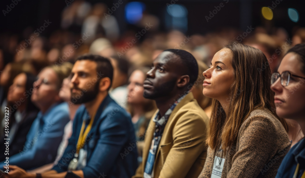 Diverse engaged conference attendees attentively listening to captivating speaker. Generative AI