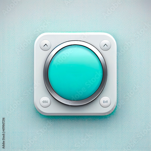 Elegant Blue Push Button with White Frame, Captured in Studio on Celestial Blue Background photo
