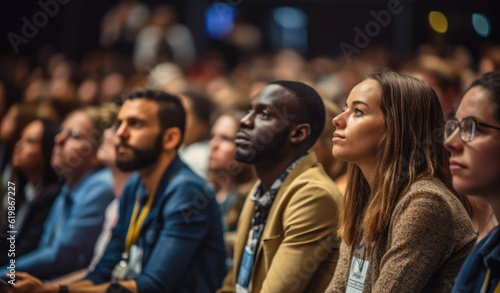 Diverse engaged conference attendees attentively listening to captivating speaker. Generative AI © MVProductions