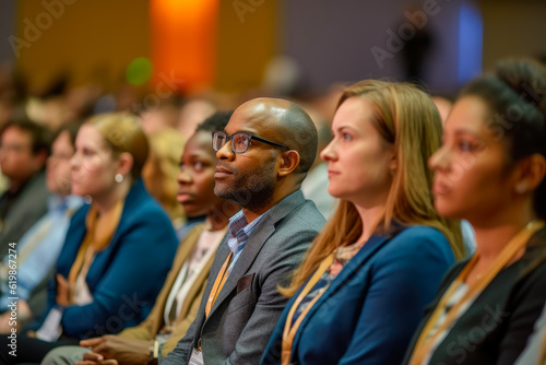 Diverse engaged conference attendees attentively listening to captivating speaker. Generative AI © MVProductions