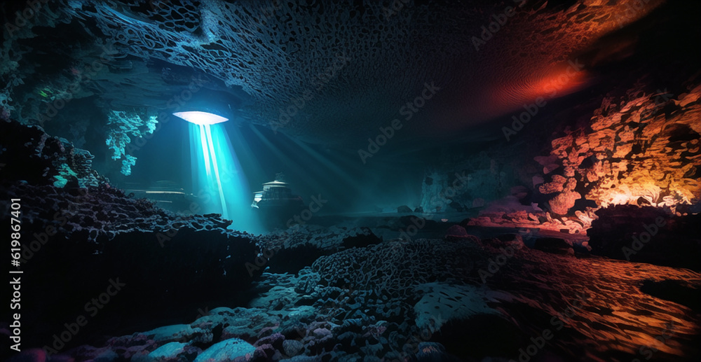 幻想的で神秘的でゲームや映画に出てきそうな架空の海底洞窟