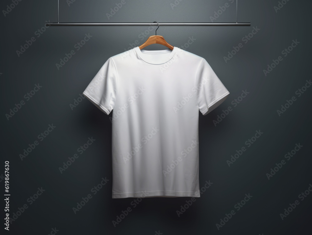 White blank t-shirt hanging on a coat hanger against a grey concrete wall background, mockup. Generative AI
