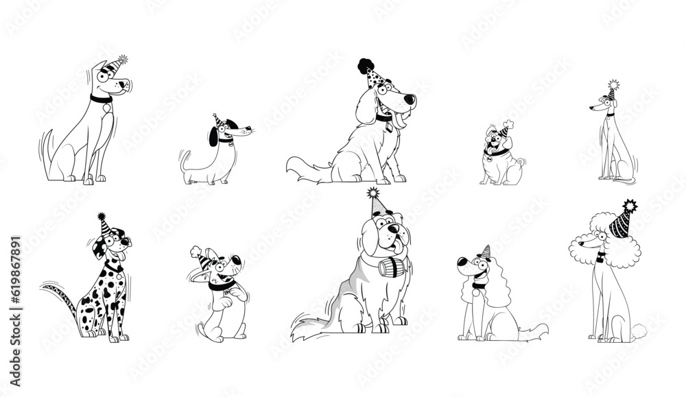 Set Vector Cartoon Dog Pet Birthday Character isolated illustration
