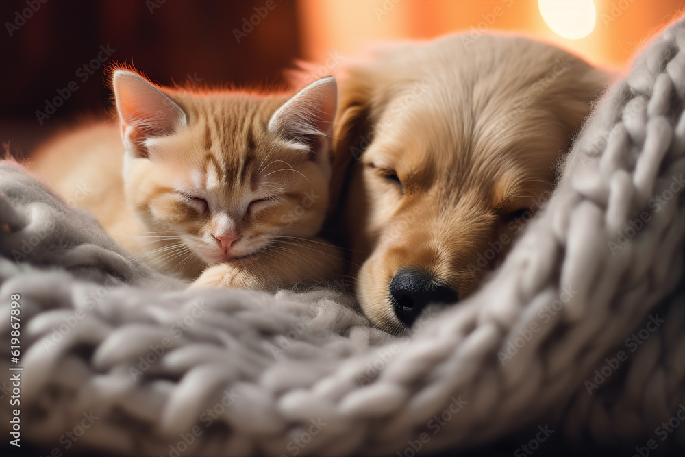 Generative ai collage advert for petshop digital image of puppy cocker spaniel red kitten lying sleep together on warm blanket