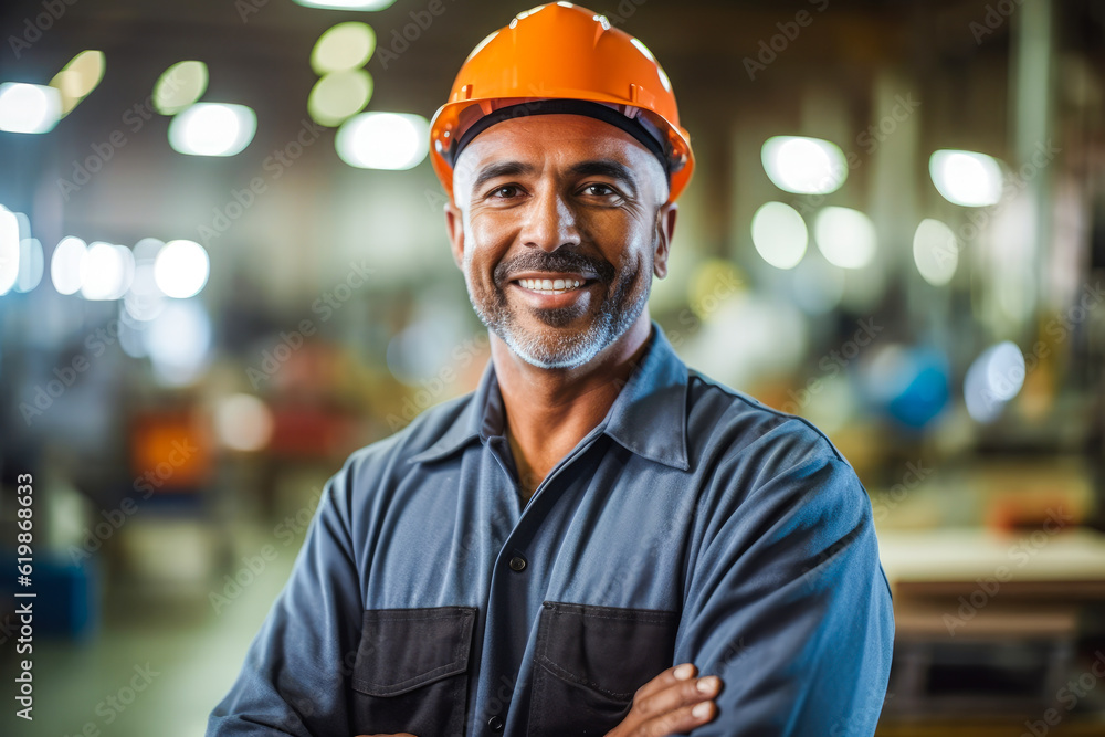 Candid shot of confident Hispanic male factory worker with arms crossed, industrial construction industry and manufacturing. Generative AI Candid shot of confident Hispanic male factory worker with arms crossed, industrial construction industry and manufacturing. Generative AI