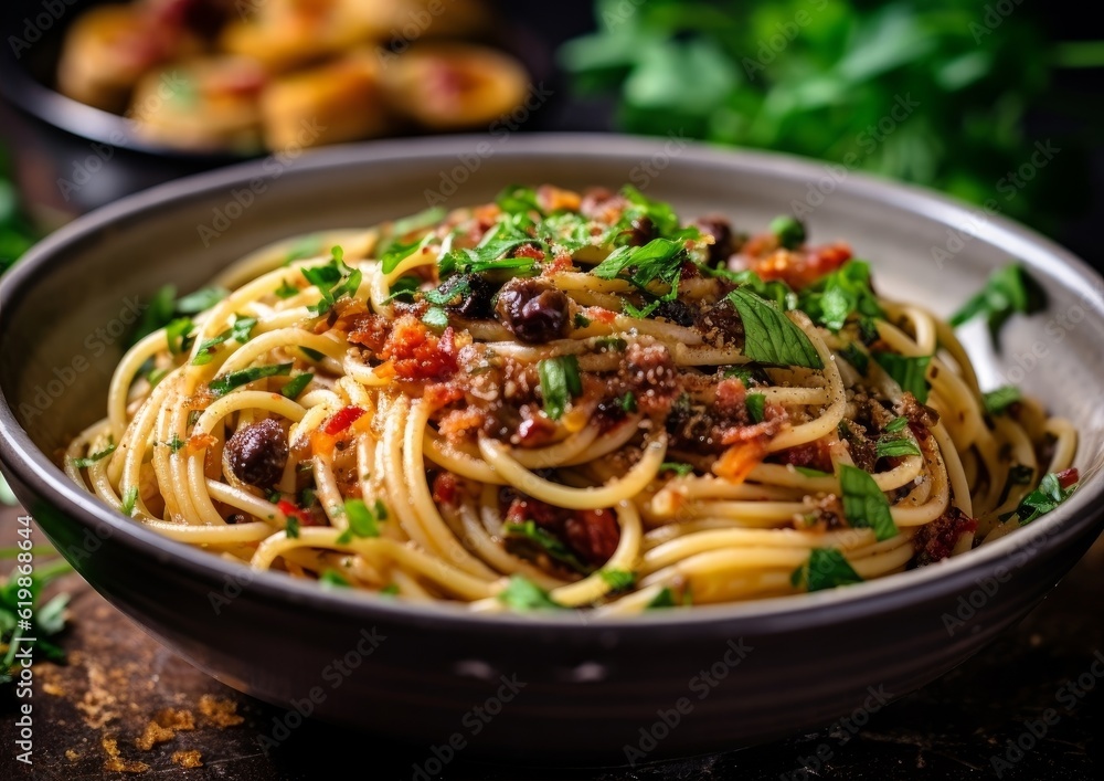 Spaghetti alla Puttanesca with garlic, parsley, and chili flakes in a white ceramic bowl Spaghetti alla Puttanesca with garlic, parsley, and chili flakes in a white ceramic bowl