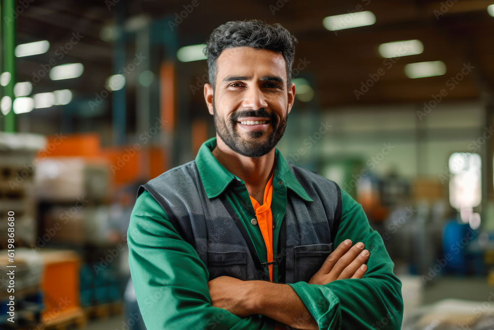Candid shot of confident Hispanic male factory worker with arms crossed, industrial construction industry and manufacturing. Generative AI Candid shot of confident Hispanic male factory worker with arms crossed, industrial construction industry and manufacturing. Generative AI