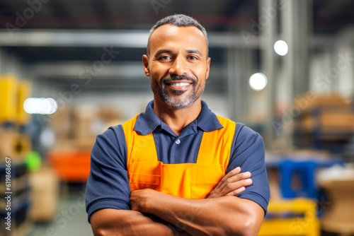 Candid shot of confident Hispanic male factory worker with arms crossed, industrial construction industry and manufacturing. Generative AI