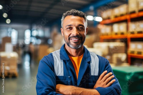 Candid shot of confident Hispanic male factory worker with arms crossed, industrial construction industry and manufacturing. Generative AI