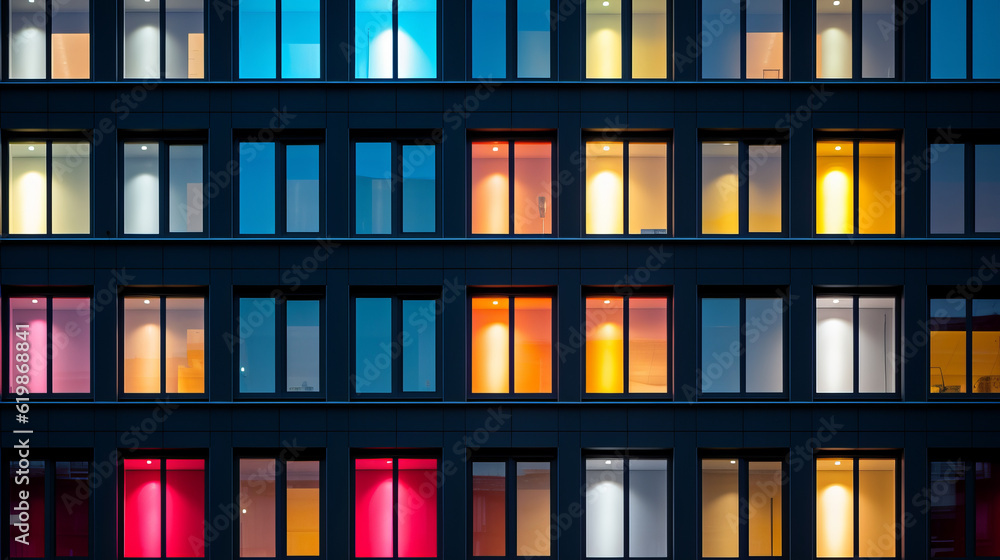 Building facade with the windows lighted in different colors Building facade with the windows lighted in different colors