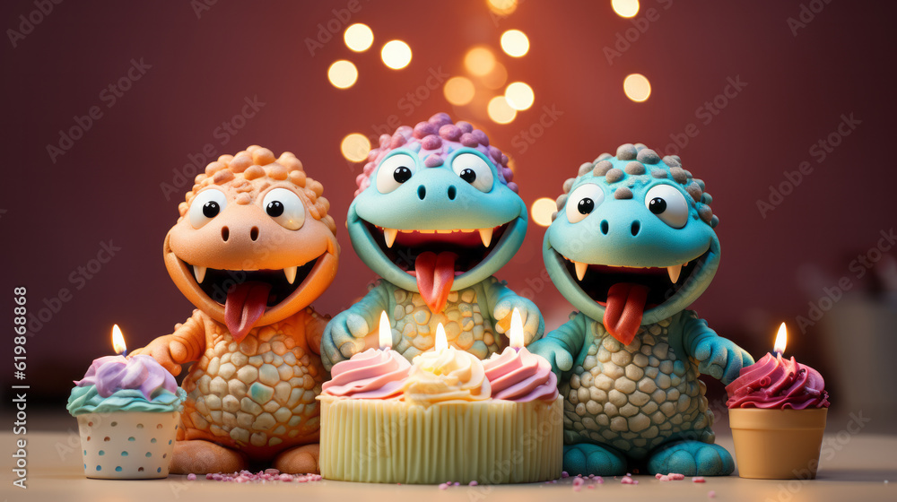 Kid birthday cake with candles with dinosaurs concept and colorful background