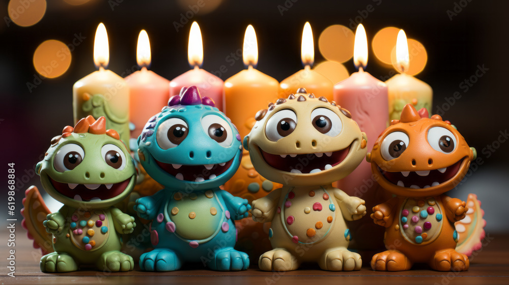 Kid birthday cake with candles with dinosaurs concept and colorful background
