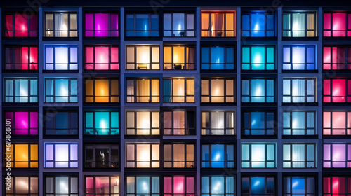 Building facade with the windows lighted in different colors