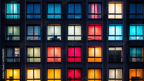 Building facade with the windows lighted in different colors