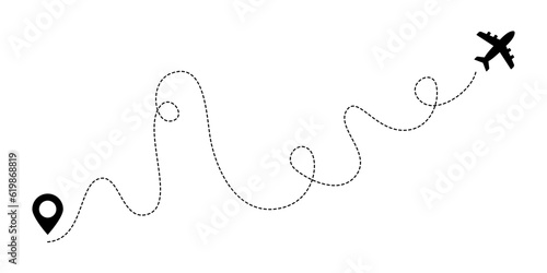 Airplane line route path. Plane flight itinerary map track dash trace, aircraft maneuver path. Vector isolated illustration