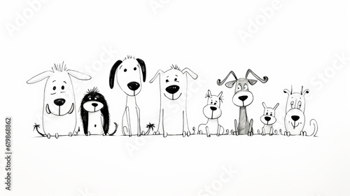 Happy dogs minimalistic kids drawing  ink line art style in black on white