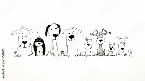 Happy dogs minimalistic kids drawing, ink line art style in black on white
