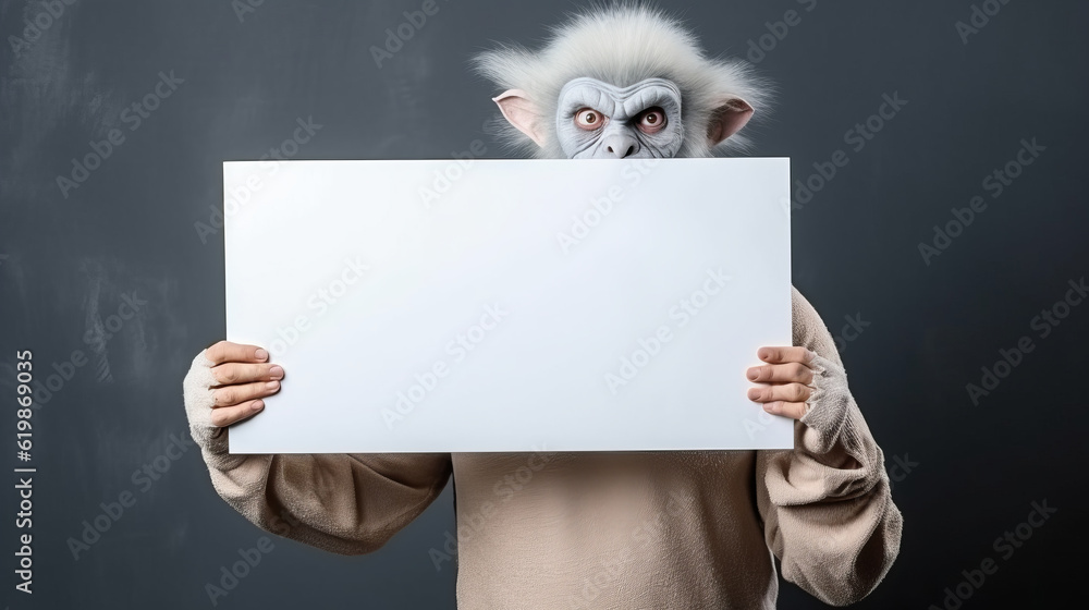 People disguised in troll holding an empty blank board between hands People disguised in troll holding an empty blank board between hands