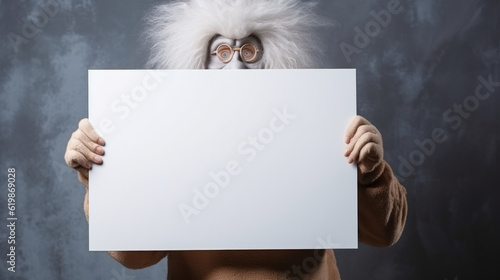 People disguised in troll holding an empty blank board between hands photo